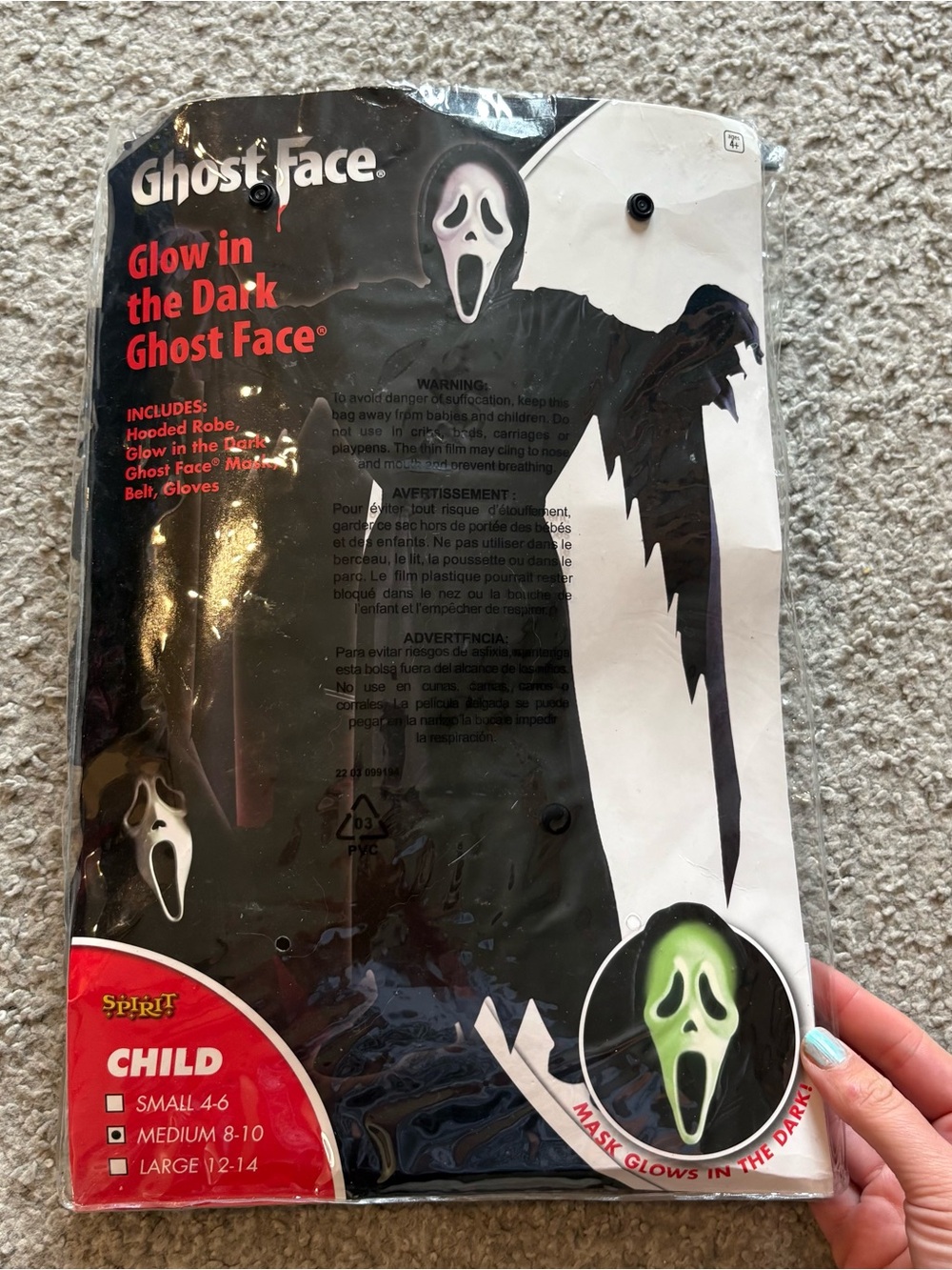 Spirit Ghost Face Kids Costume Glow in the Dark Mask Medium 8 10 Halloween